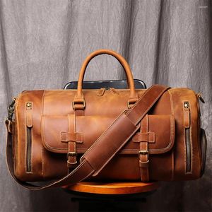 Duffel Bags Horse Leather Travel Duffle Bag With Shoe Pocket Big Capacity Weekender Mens Business Tote HA035