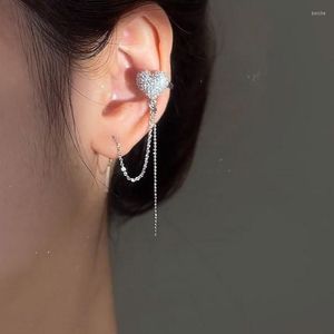 Backs Earrings Full Diamond Love Ear Studs Clips One-piece Pierced Bone Clip Temperament Long Tassel Heart-shaped