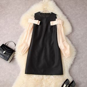 Summer Long Sleeve Round Neck Black Mini Dress Contrast Color Off Shoulder Paneled Bow Elegant Short Casual Dresses 22A194021