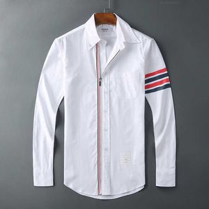 2023 moda tb thom marca camisas masculinas magro branco manga longa camisa casual turn down colarinho oxford zíper sólido roupas masculinas de alta qualidade