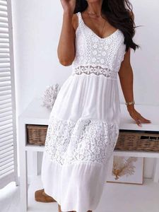 Casual Dresses Boho Midi Dress Women Sexy Backless Summer Spaghetti Strap Fashion White Lace Patchwork Beach Sleeveless DressesCasual