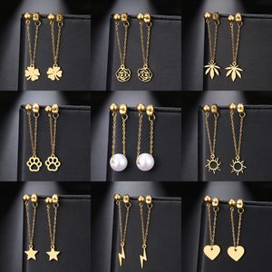 Kolczyki ze stali nierdzewnej moda prosta łańcuch perłowa gwiazda okrągła klon liści sercowe kropki kolczyki dla kobiet biżuteria nowe prezenty