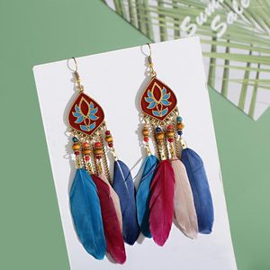 Dangle Earrings Pendiente Gypsy Long Feather Summer Woman's Colorful Lotus Chian Earring Charms Tibetan Jewelry