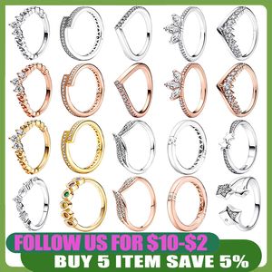 925 Silver Women Fit Pandora Ring Original Heart Crown Fashion Rings Timeless Wish Half Sparkling Shooting Stars Wishbone Open