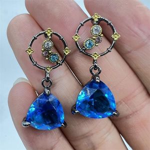 Dangle Earrings Exquisite Ethnic Style Two-tone Black Gold Triangle Sky Blue Stone Ladies Italian Handmade Jewelry Fancy Earring