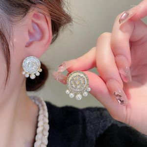 Dangle Earrings Trendy Circle Set Diamond Shiny Pearl Pendant Luxury Floral Print Birthday Party Jewelry Gifts