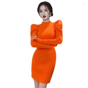 Casual Dresses 2023 Knitted Women Sheath Bandage Dress Pullover Puff Sleeve Knitting Sweater Sukienki Elegant Office Work Vestidos