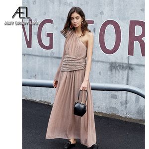 Casual Dresses ALE Chiffon one shoulder Dark pink dres Sexy sleeveless pleated asymmetrical long Female elegant party 230303