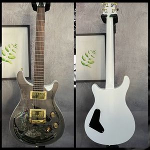 Paul Dragon chitarra elettrica in acero fiammato grigio con intarsio di uccelli in abalone, rilegatura del corpo in legno, hardware dorato