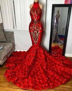 Luxury Red Sequined Mermaid Prom Dresses 3d Foral Long African Formal Evening Gowns Sleeveless Pageant Engagement Dress Black Girls Special Occasion Wear