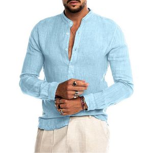 Mens Casual Shirts Cotton Linen LongSleeved Summer Solid Color StandUp Collar Beach Style Plus Size 230303