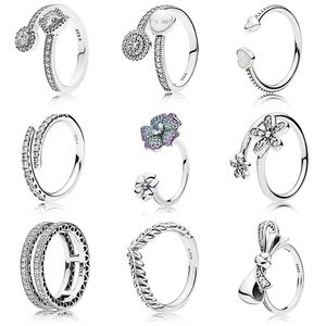 925 Mulheres prateadas FIT PANDORA RING ORIGINAL COROW CORONHA RINGS PAVE LOGOTIMENTO Signature Classic Lotus Rice Ear Bow Crystal redondo