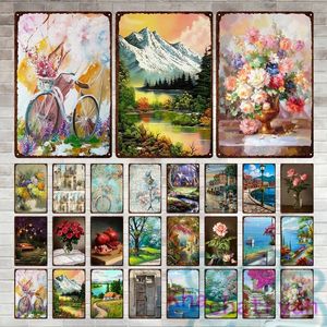 Vintage Metal Painting Flowers Landscape Street House Tree Metal Signs Plaque Iron Tin Plate Painting For Living Room Club Garden Home Decor 30X20cm W03
