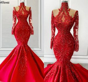 Lindos vestidos de baile de sereia vermelha para mulheres mangas compridas Apliques de renda alta de colarinho