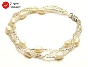 Strand Qingmos Natural Pearl Armband för kvinnor med 5-6 mm vit riskristall Handarbete Väv 3 strängar smycken Bra431 pärlor