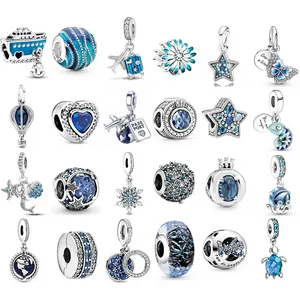 S925 Sterling Silber Eleganter Blauer Ozean Suspension Charm Anhänger ist geeignet für Pandora Armband DIY Modeschmuck Kostenloser Versand