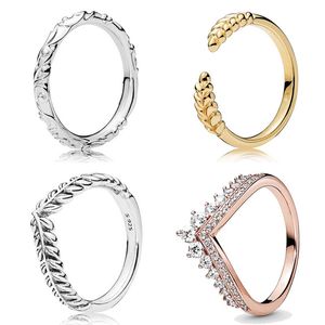 925 Silverkvinnor passar Pandora Ring Original Heart Crown Fashion Rings Rose Princess Wishbone Ear Of Wheat Lively Wish