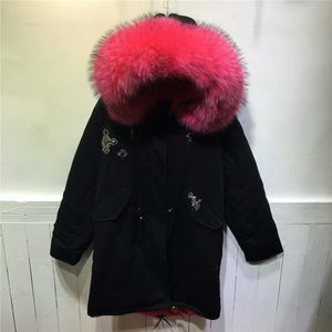 Women's Fur & Faux Snack Beading Peach Pink Real Raccoon Collar Parka Women Winter Coat Inside Hooded Long Jacket