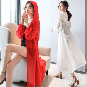 Kobiety bluzki koszuli Bluzka Summer Puff Sleeve Prosta luźna szyfonowa koszula biała Kimono Cardigan z kapturem długie kobiety