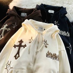 Herrtröjor tröjor gotiska broderier hoodies kvinnor retro harjuku hiphop jacka high street zip up hoodie casual lös tröja kläder y2k toppar