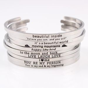 Bangle rostfritt stålmeddelande armband graverade positiva inspirerande citat manschettarmband mantra band för kvinnliga gåvor
