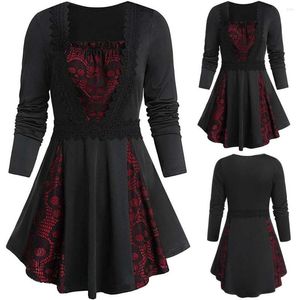Casual Dresses Bandage Dress Celebrity Wome Plus Size Skull Lace Insert Long Sleeve Contrast Flare T-shirt #4