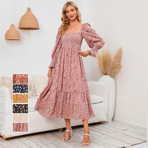 Casual Dresses Spring Autumn Muslim Long Kjol Elegant Vintage Floral Printed Dress Sleeve Elastic midja för kvinnliga damer Robe