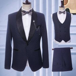 Garnitury męskie 2023 Mężczyźni Summer ślub niebieski lniana khaki kropki czarne satynowe klapy biznes formalny Slim Fit 3 szt.