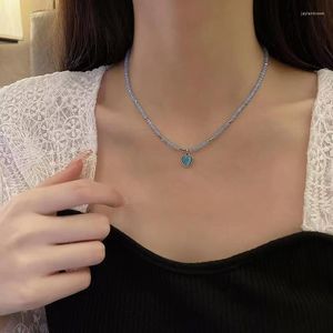 Hänge halsband kpop mode persika blå kärlek hjärtat pärlkedja halsband egirl söt cool clavicle estetik y2k accessoarer smycken gåva