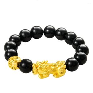 Strand Chinese Style Black Obsidian Beads Bracelet 3D Gold Wealth Pixiu Feng Shui For Men And Women