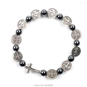 Strand St Benedict Rosary ArmleSlets Flat Alloy Pärlor runt Hematit elastiska armband