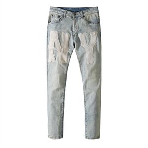 Jeans masculinos NY Impresso lavado Brand de moda de rua azul claro319z