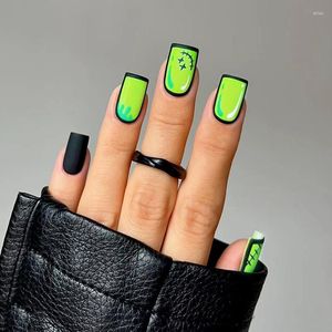 False Nails 24Pcs Nail Detachable Art Press On Bright Green Fashion European Style Manicure Cartoon Fake