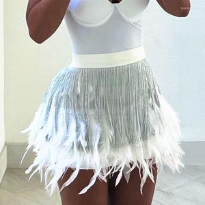 Skirts Y2k White Aesthetic Feather Metal Tassels Fringe High Waist Elastic Streetwear Festival Mini Skorts Woman Fashion