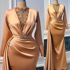 Prom Party Gown New Evening Dresses Custom Plus Size High Neck Formal Girls Pageant Long Sleeve Beaded Crystal Satin Floor-Length Saudi Arabic Muslim