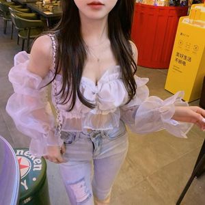 Frauen Blusen Sexy Off Schulter Top Frauen Rüschen Puff Sleeve Bluse Mesh Crop Tops 2023 Mode Kleidung Chiffon