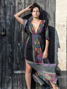 Casual Dresses Black Indie Folk Turkiet Kaftan Beach Dress Sexig V-back kastar hals Halva ärm Sidan Split Plus Size Women Summer Dresscasua