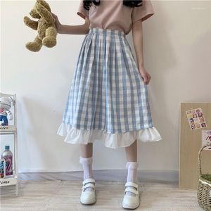 スカート夏の日本のかわいい甘い女の子の格子縞の長いスカート膝の長さの上のヴィンテージフリル