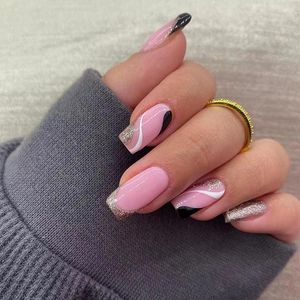 FALSE NAILS 24st Beiceble Fake Gold Powder Black and White Wavy Quality Nail Wholesale Full Cover Acrylic Tip Art 2023