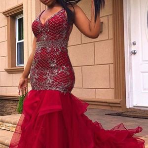 Seksi Halter Sırtsız Uzun Denizkızı Prom Elbiseler Pullu Dantel Aplike Katmanlı Glitter Afrikalı Kadınlar Balo Brithday Party Gowns 2023 Resmi Gece Elbise