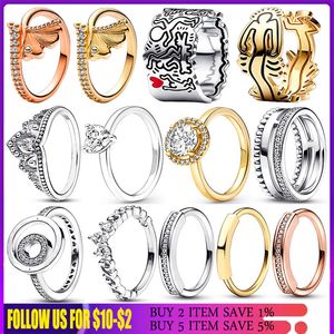 925 Silverkvinnor Fit Pandora Ring Original Heart Crown Fashion Rings Signature Logo Ginkgo Leaves Crown Graffiti