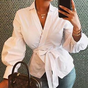 Kvinnors blusar Skjortor Casual White Wrap Chic Streetstyle Ladies Fall Tops For Women Clothes Blusas Mujer de Moda 230303