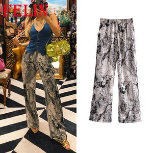 Calças femininas Capris Kondala ZA 2023 Chique de tinta vintage Pintura de cetim Mulheres elásticas calças de perna larga elegante All-Match Mujer