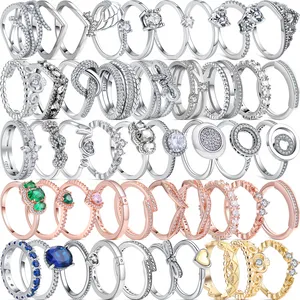 925 Silber Damen-Ring für Pandora, Original-Herz-Krone, modische Ringe, Schmetterlingsknoten-Krone, doppelter runder Zirkon, glänzend