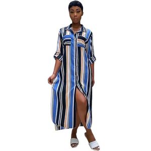 Casual Dresses Plus Size Long Sleeve Shirt Dress Women Striped Button Loose Side Split Bohemian Summer Big