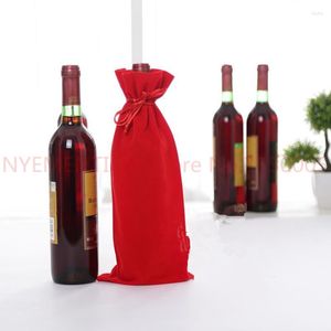 Juldekorationer Flanell Wine Bottle Packing Påsar 15x35cm Velvet Carrier Gold Thread Drawstring Holder Gift Puches Party Party Present