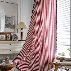 Curtain Red Stripe Curtains For Living Room Semi Blackout Drapes With Tassel Bedroom Kitchen Home American Style Decoration Valance