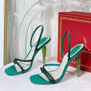 Sandália Rene Caovilla Diamond Crystal Verde Esmeralda 105mm Designer de Luxo Alça de dedo do pé incrustada de cristal Salto agulha Strass Sapatos para festa à noite