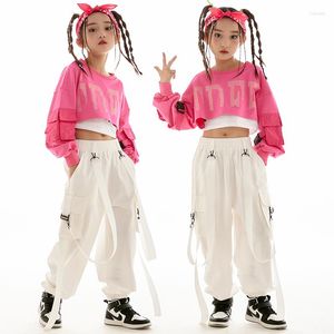 Stage Wear Kpop Kids Hip Hop Dance Clothes For Girls Pink Crots Tops Loose Pants Branca Costume de Performance de Jazz Moderno Rave Rave Fort BL9560