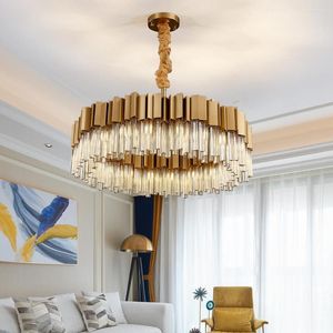 Lampadari Lampadario di cristallo moderno di lusso per soggiorno Lampada a sospensione in oro spazzolato Camera da letto Decorazione da pranzo Lampada a LED in cristallo